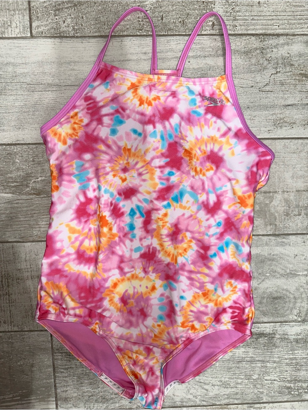 Speedo Girls One Piece Swimsuit Tie Dye Pink Orange Blue Size XL (16)